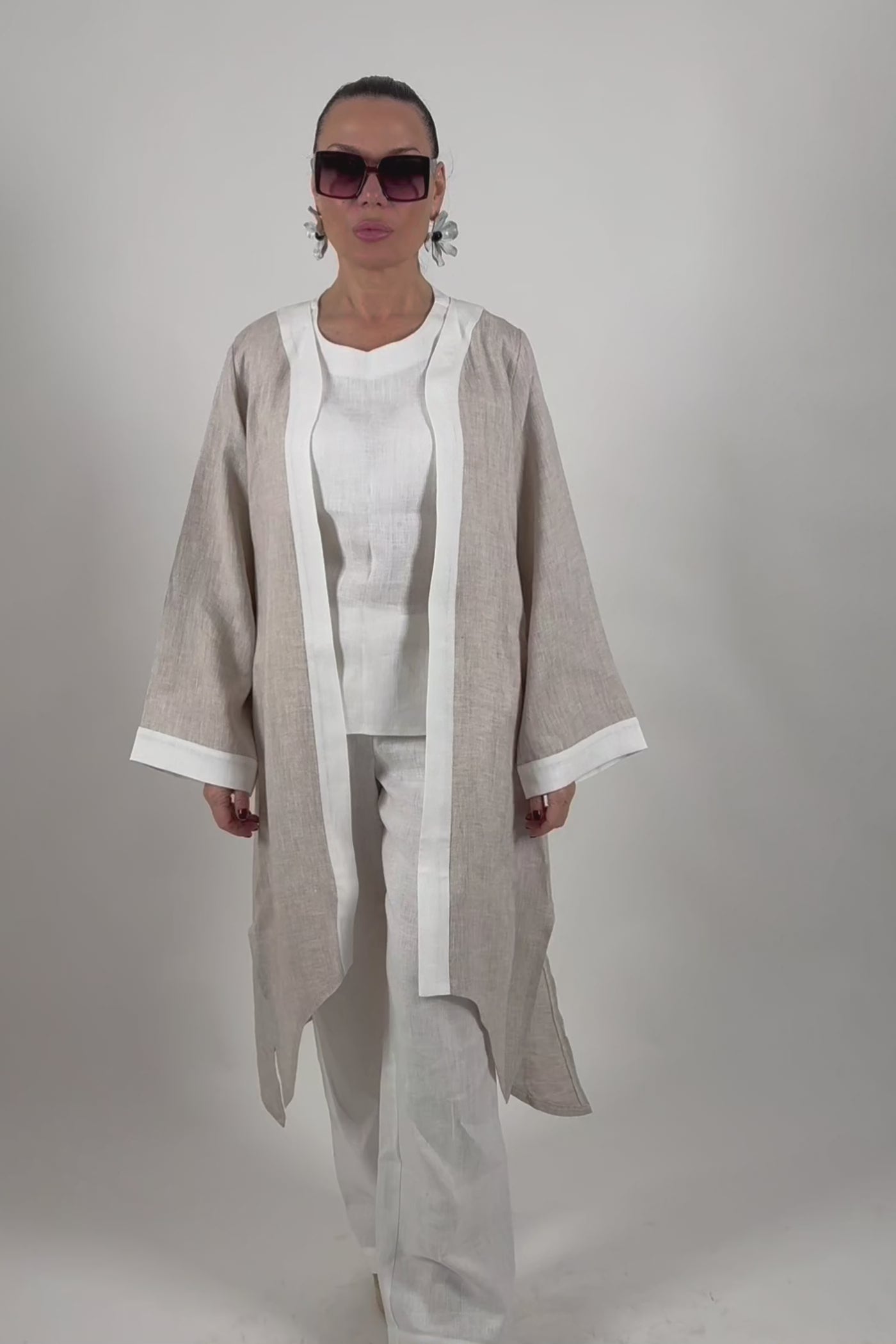 Natural wide linen vest with white trim on front and cuffs - wide sleeves, Genoa | EUG Fashion #natural
