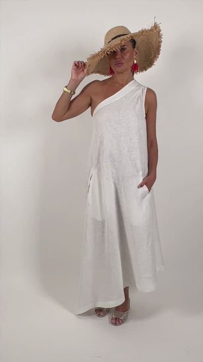 White Linen One Shoulder  Dress TIFFANY EugFashion 