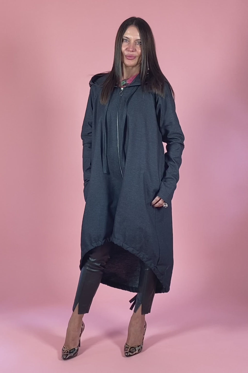 Navy denim hooded asymmetric jacket Sydney with zip and drawstring hem - EUG Fashion #navy
