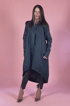 Navy denim hooded asymmetric jacket Sydney with zip and drawstring hem - EUG Fashion #navy
