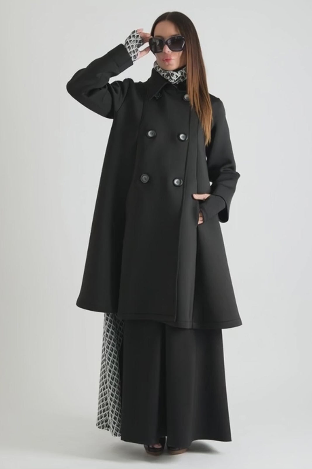 Black neoprene A-line blazer coat Kylie double-breasted - EUG Fashion #black
