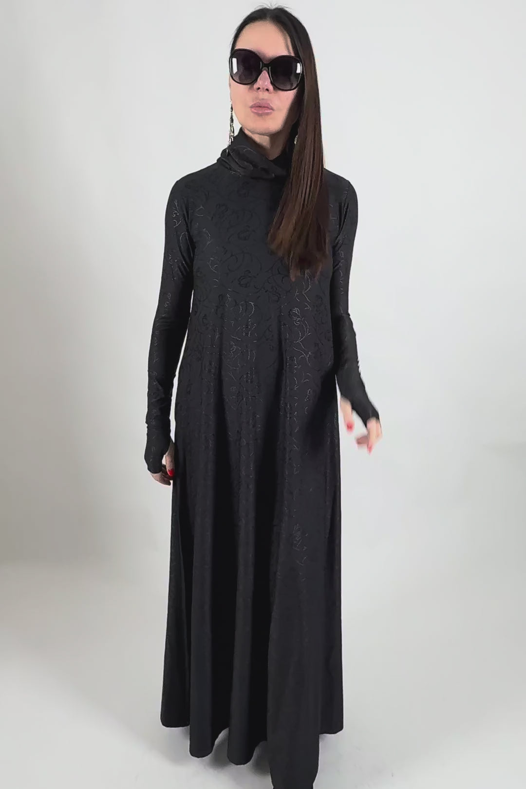 Black floral embroidered turtleneck maxi dress Veronica with silk threads - EUG Fashion #black

