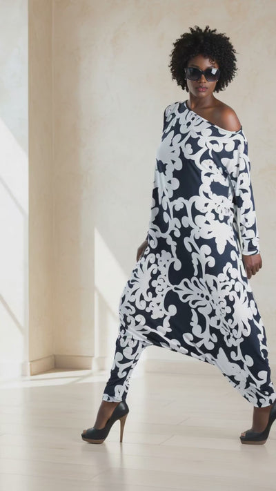 Navy Floral Harem Jumpsuit Long Sleeve Marla EugFashion 