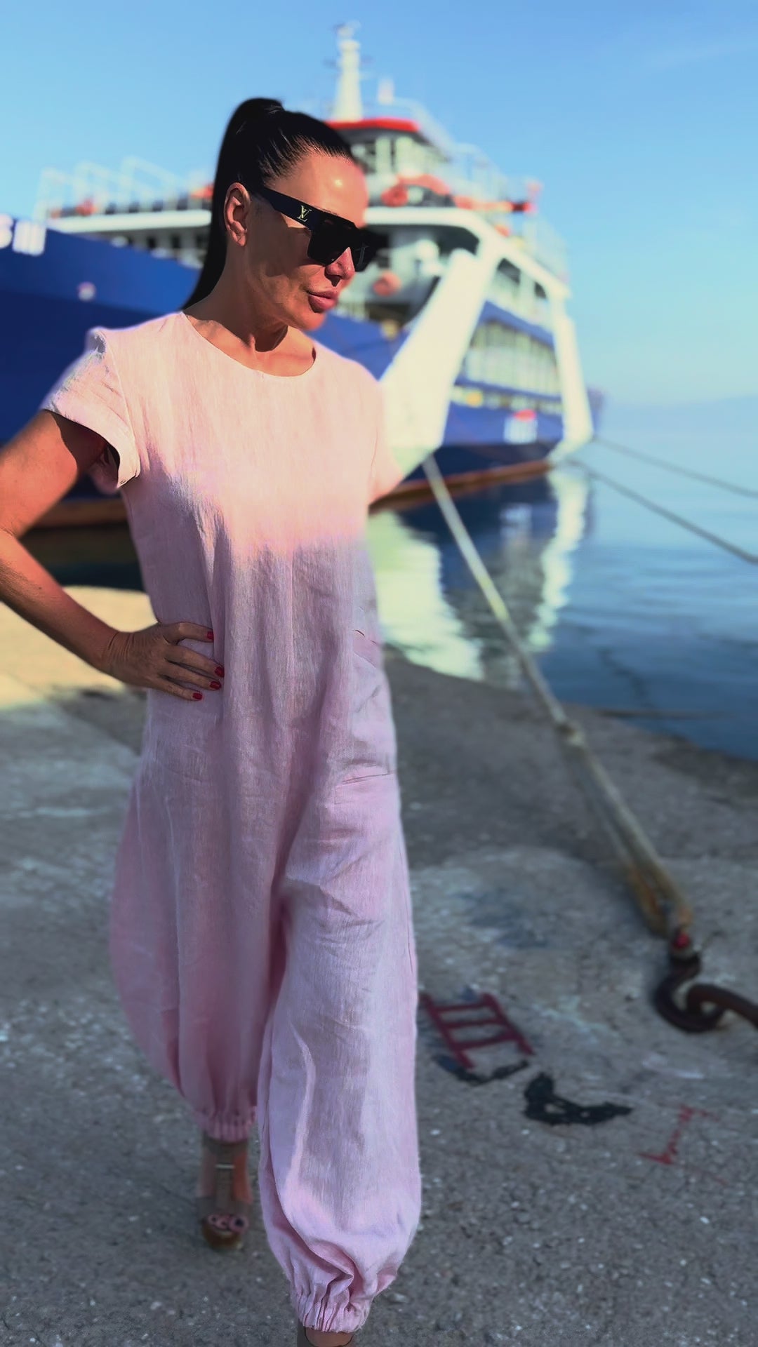 Linen short sleeves jumpsuit #baby-pink