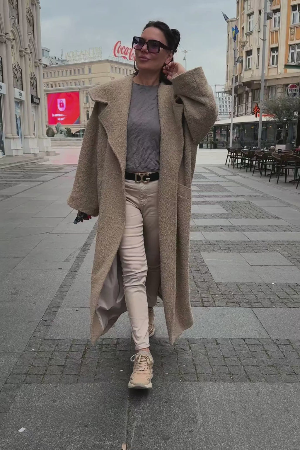 Beige bouclé cape coat Siri with wide shawl collar - EUG Fashion #beige
