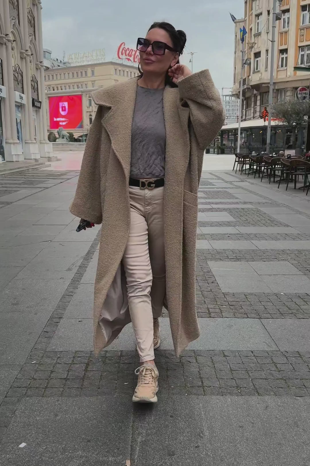Beige bouclé cape coat Siri with wide shawl collar - EUG Fashion #beige
