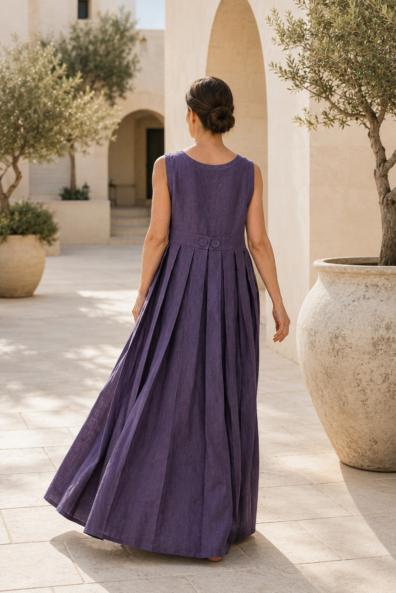 linen long sleeveless dress #smoky-purple