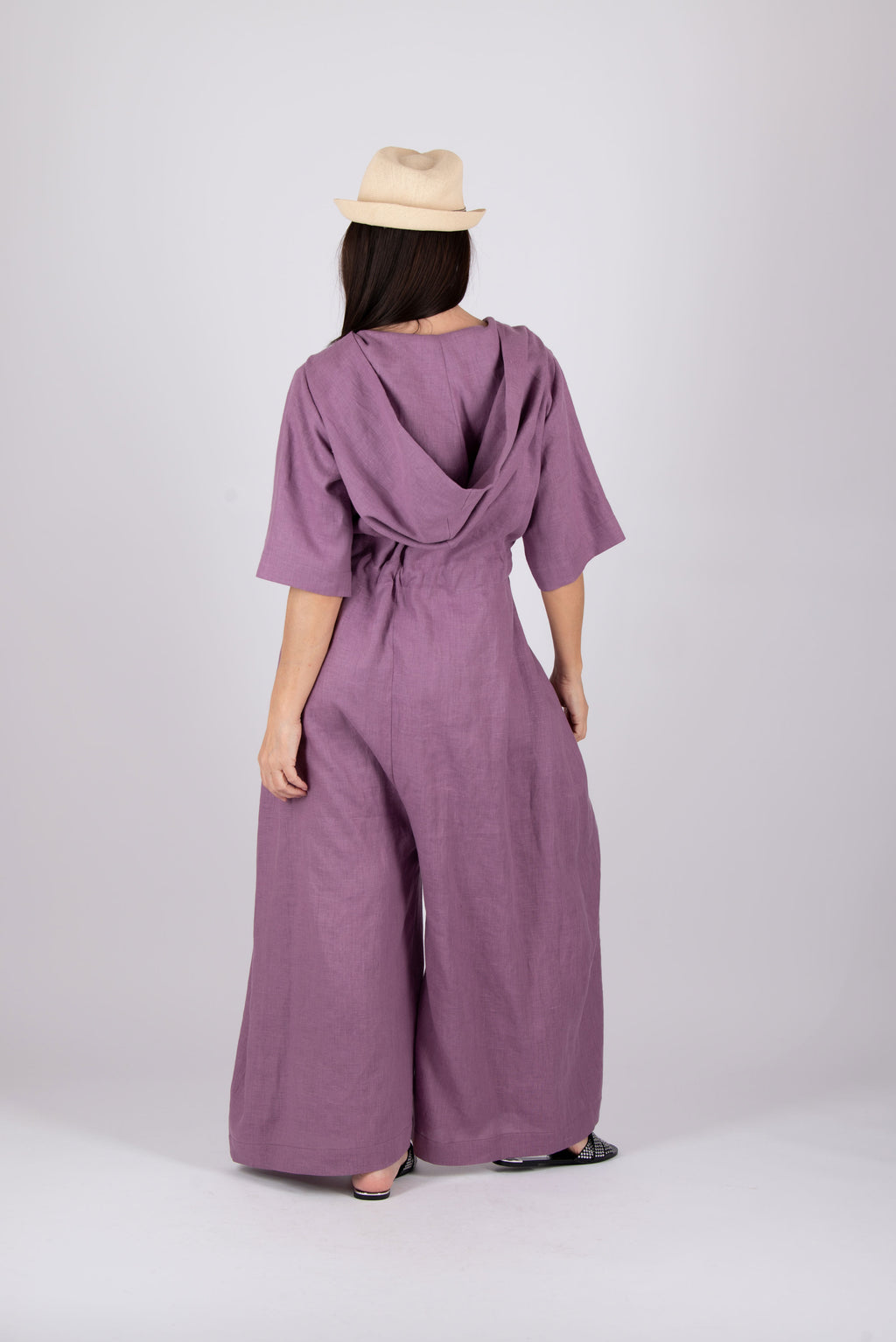 Hooded linen wide jumpsuit #smoky-purple