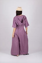 Hooded linen wide jumpsuit #smoky-purple