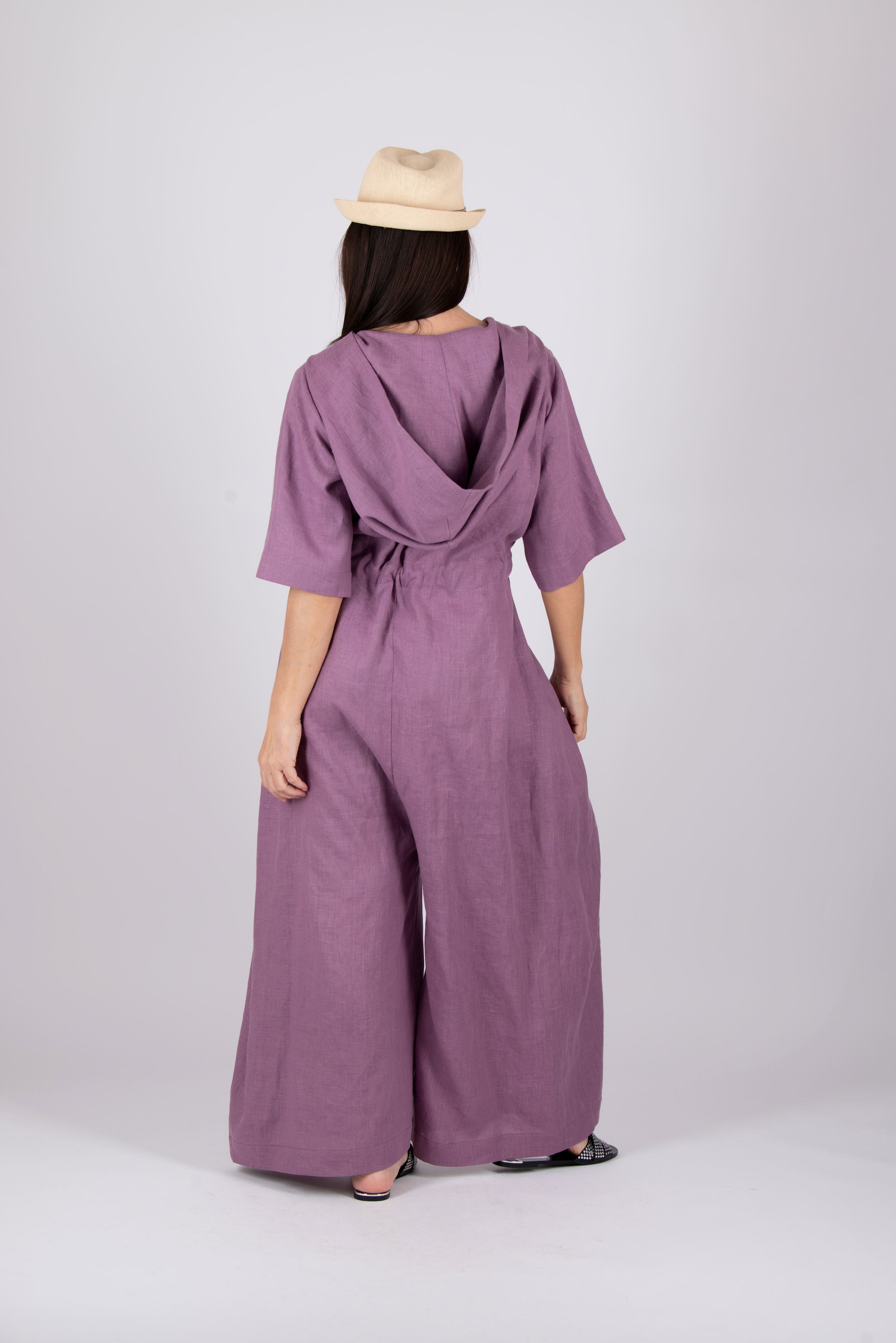 Hooded linen wide jumpsuit #smoky-purple