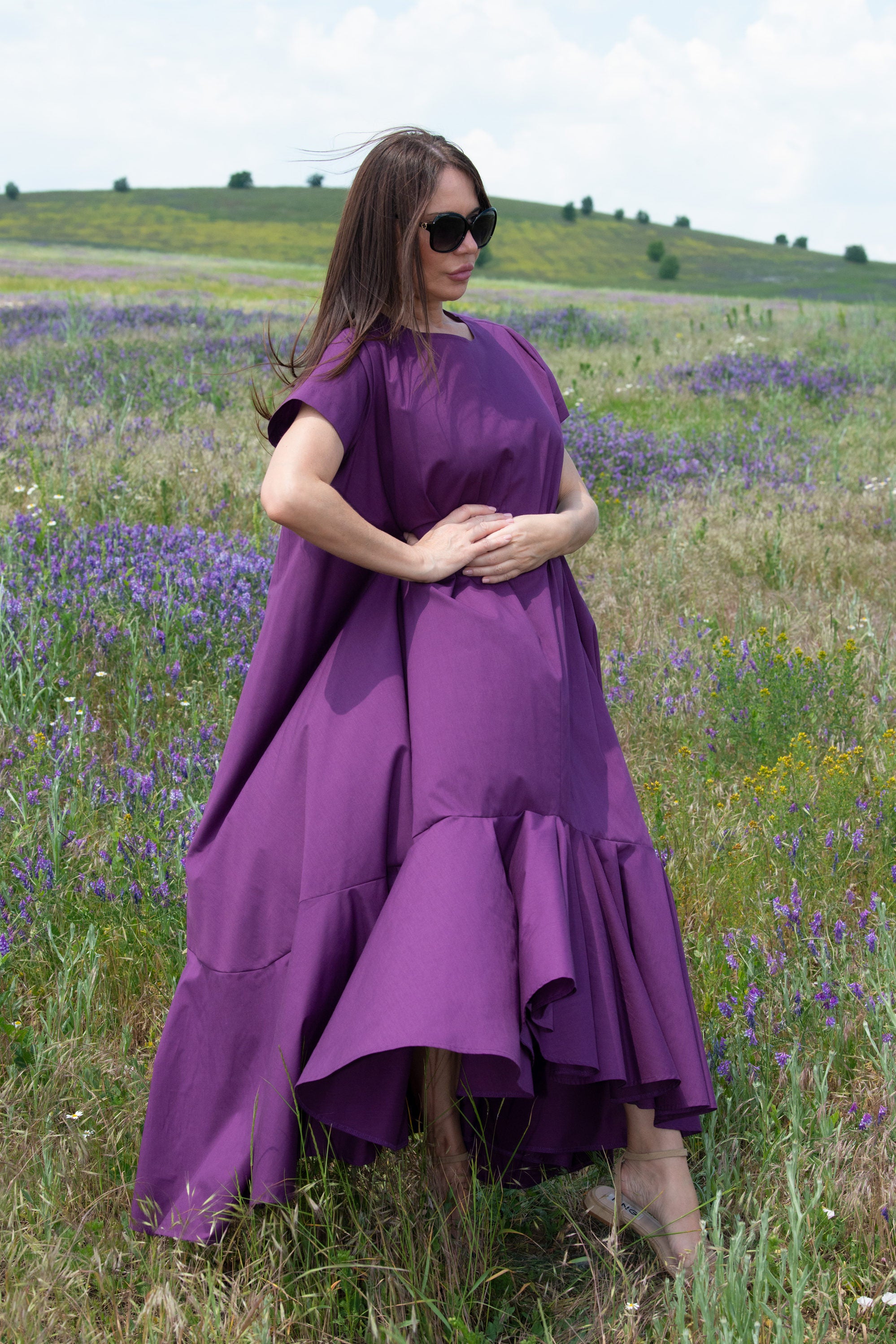 long a line wide cotton dress #dark-purple