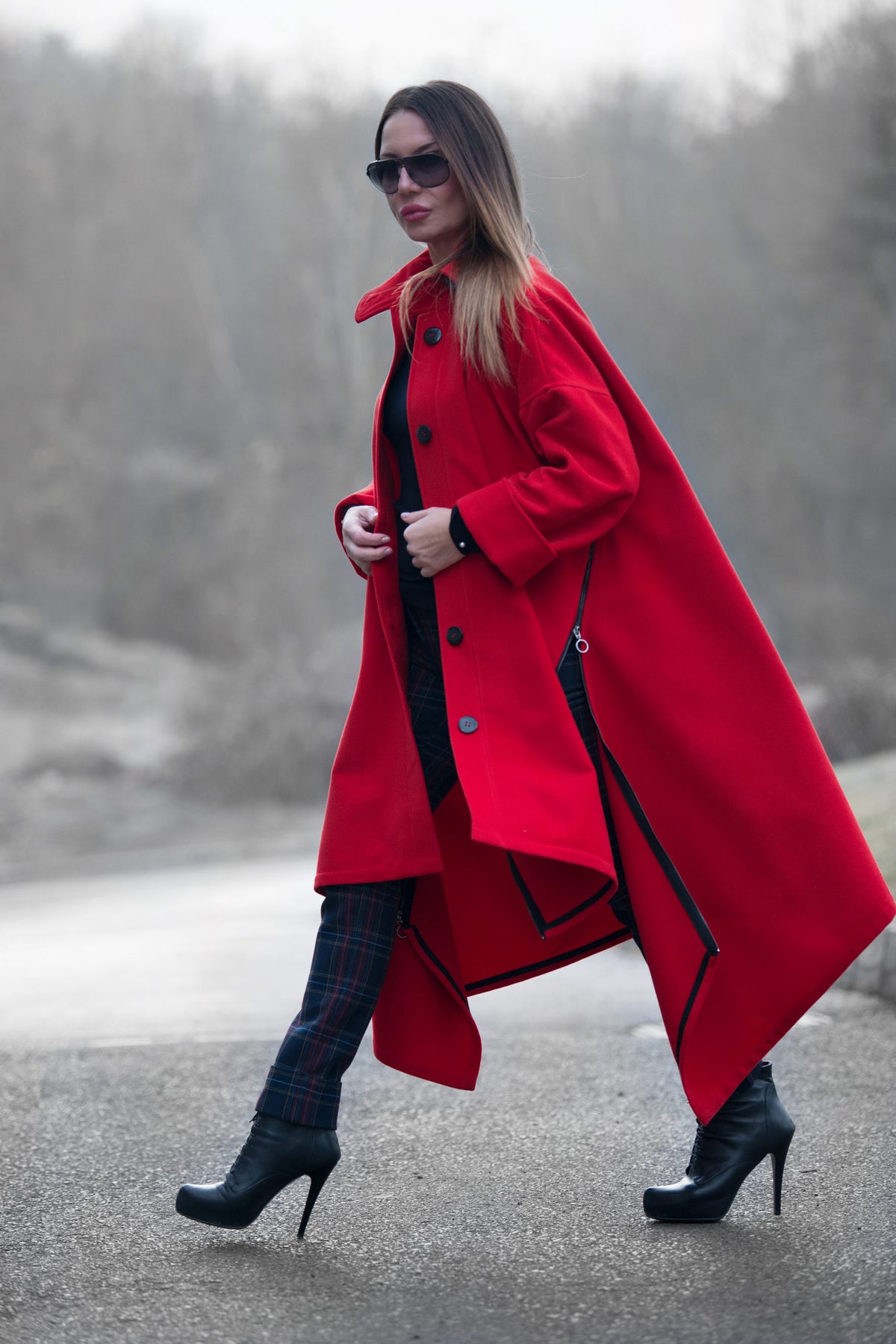 Red cashmere-feel cape coat with decorative side zippers and classic collar - asymmetric unlined design, Federica | EUG Fashion #red
