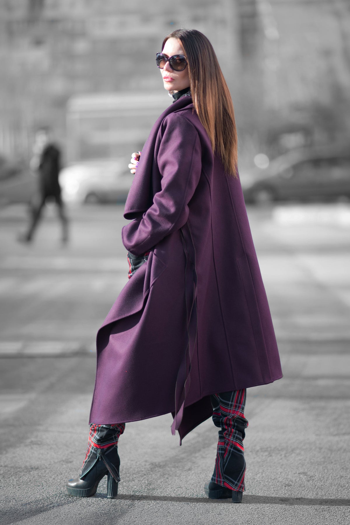 Dark purple asymmetric wrap coat Victoria with belt - EUG Fashion #dark-purple

