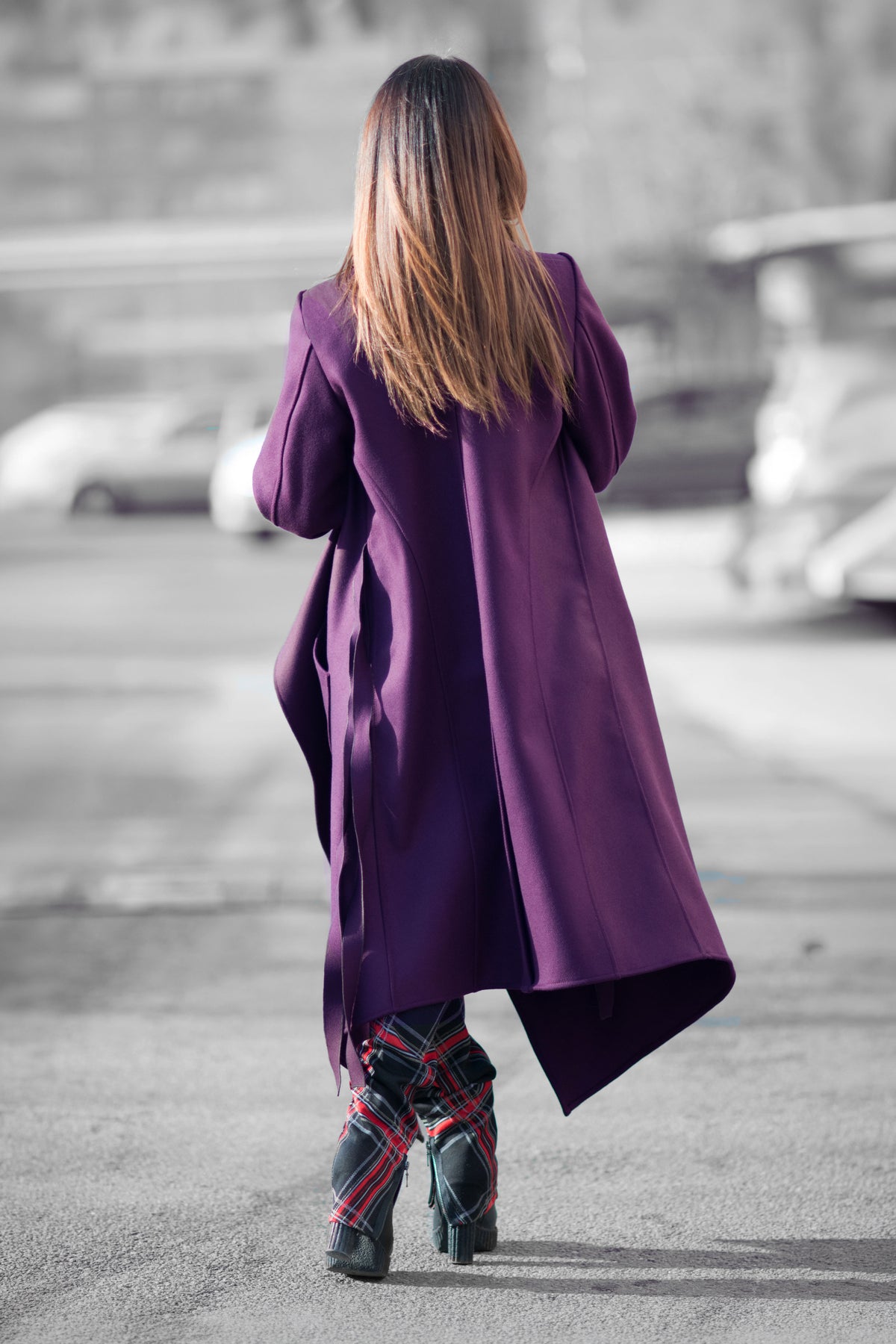 Dark purple asymmetric wrap coat Victoria with belt - EUG Fashion #dark-purple
