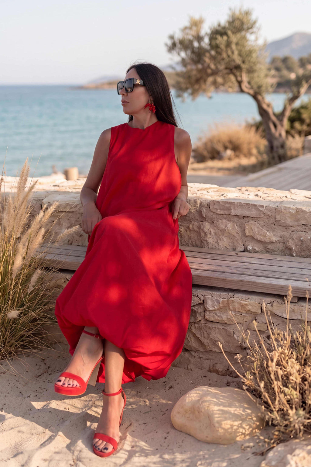 Red cotton long dress #red