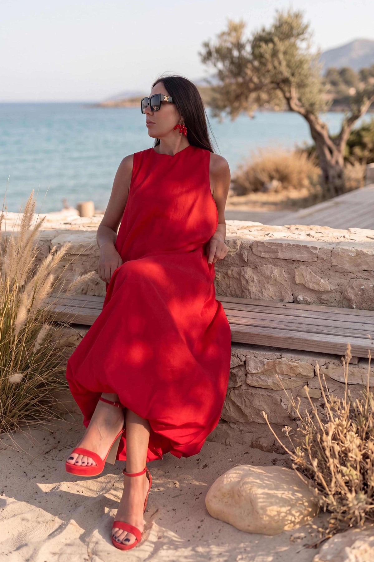 Red cotton long dress #red
