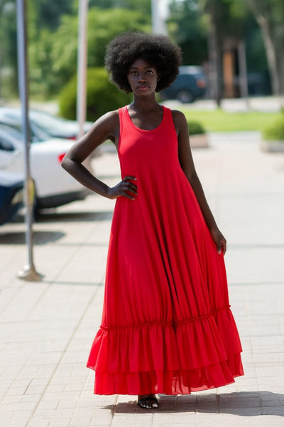Red Cotton Maxi Dress CARMEN - EUG Fashion EugFashion 