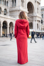 Red hooded maxi dress Iren cotton terry with side pockets - EUG Fashion #red
