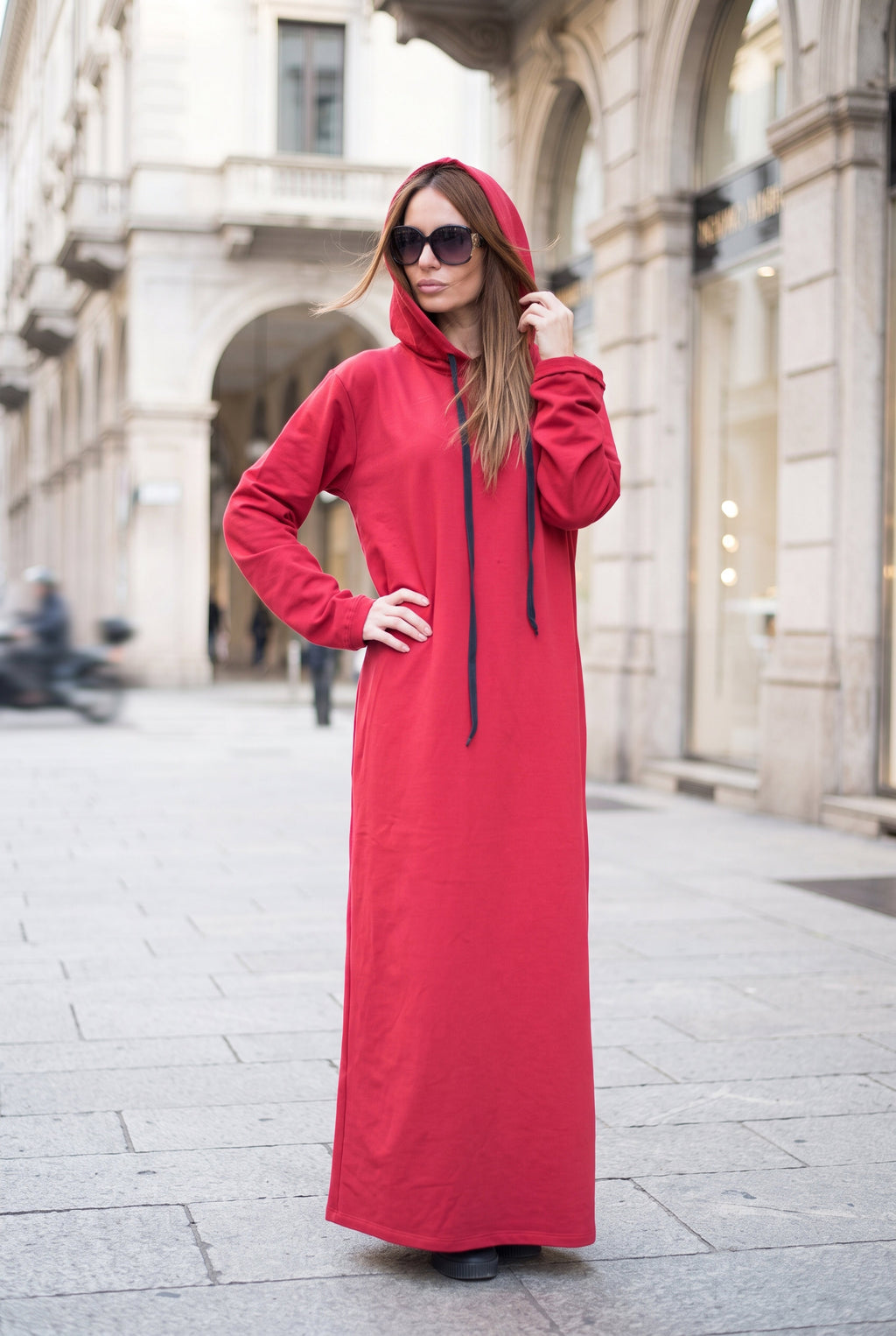 Red hooded maxi dress Iren cotton terry with side pockets - EUG Fashion #red
