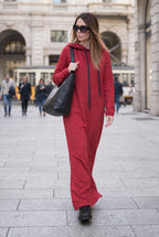 Red hooded maxi dress Iren cotton terry with side pockets - EUG Fashion #red
