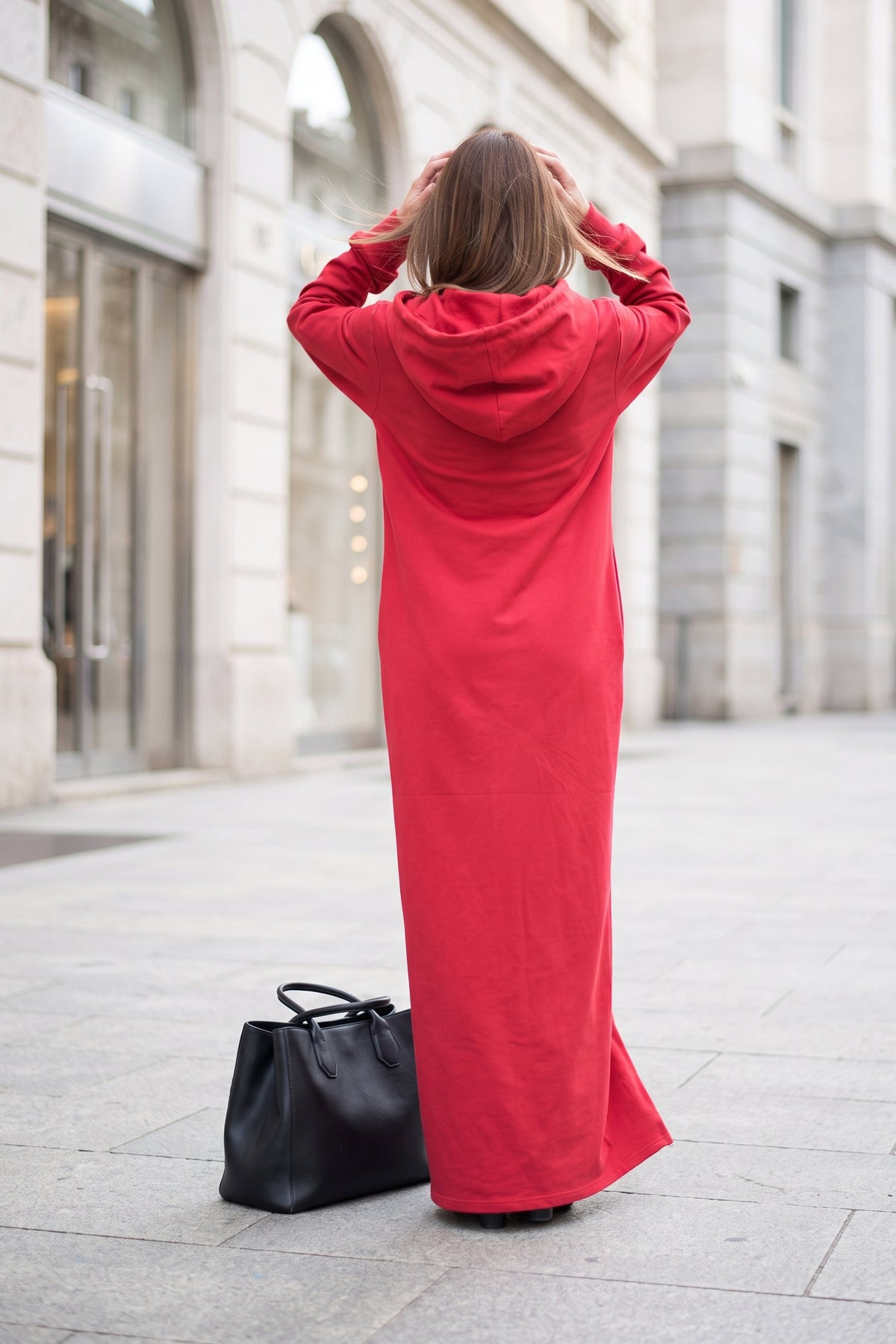 Red hooded maxi dress Iren cotton terry with side pockets - EUG Fashion #red
