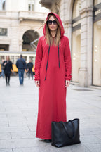 Red hooded maxi dress Iren cotton terry with side pockets - EUG Fashion #red
