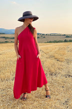 one shoulder linen dress #red