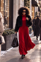 Red silk velvet turtleneck A-line dress Vivian - EUG Fashion #red
