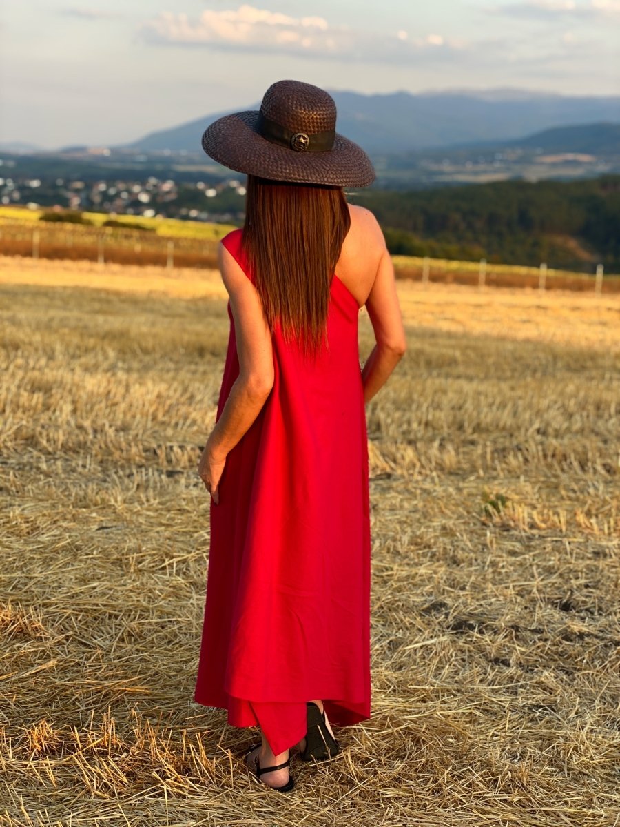 Red Linen One Shoulder Dress TIFFANY - EUG Fashion EugFashion 