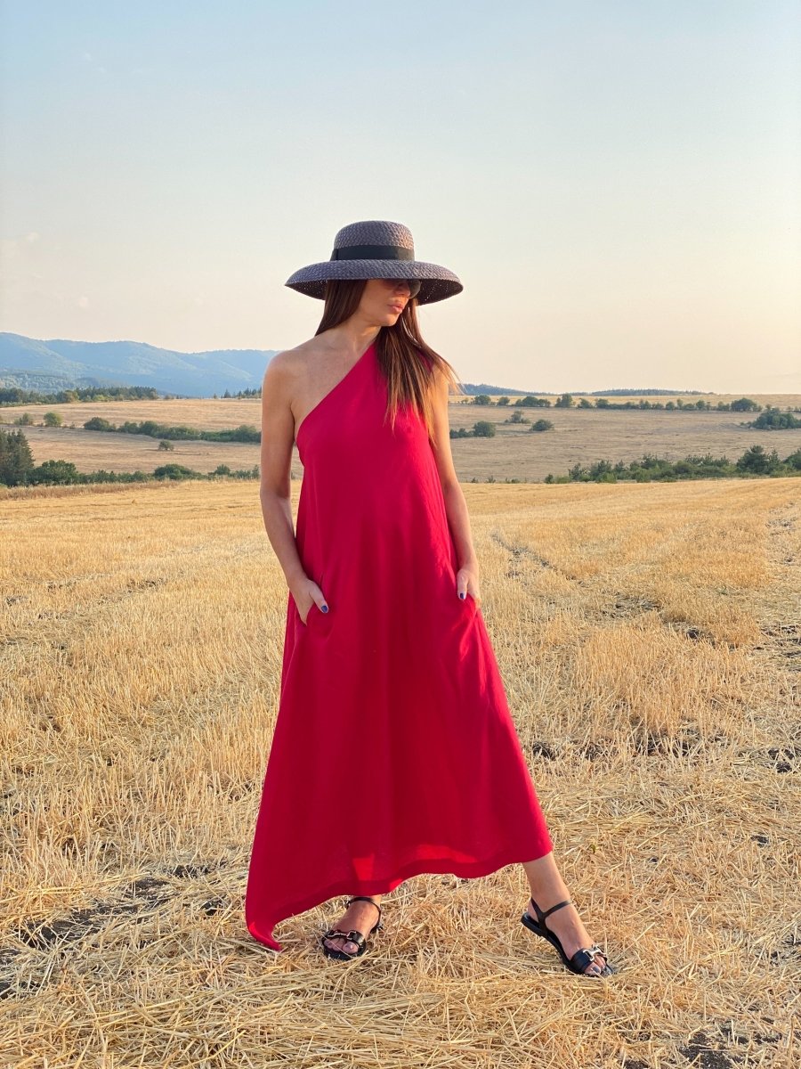 Red Linen One Shoulder Dress TIFFANY - EUG Fashion EugFashion 