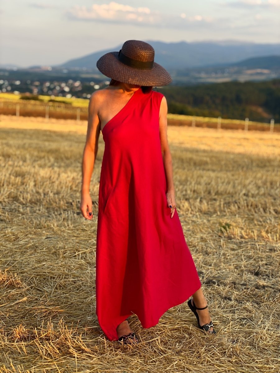 Red Linen One Shoulder Dress TIFFANY - EUG Fashion EugFashion 