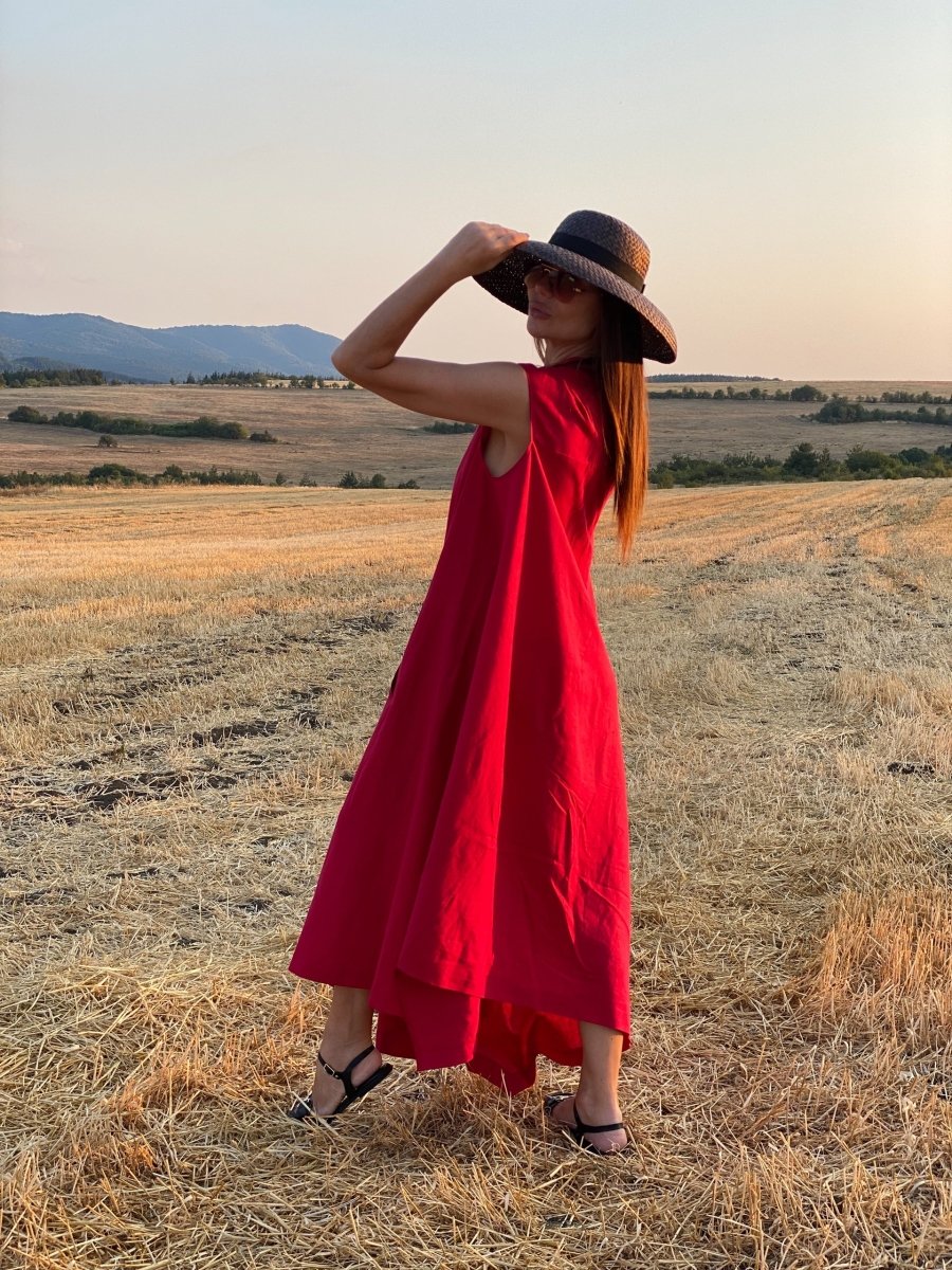 Red Linen One Shoulder Dress TIFFANY - EUG Fashion EugFashion 