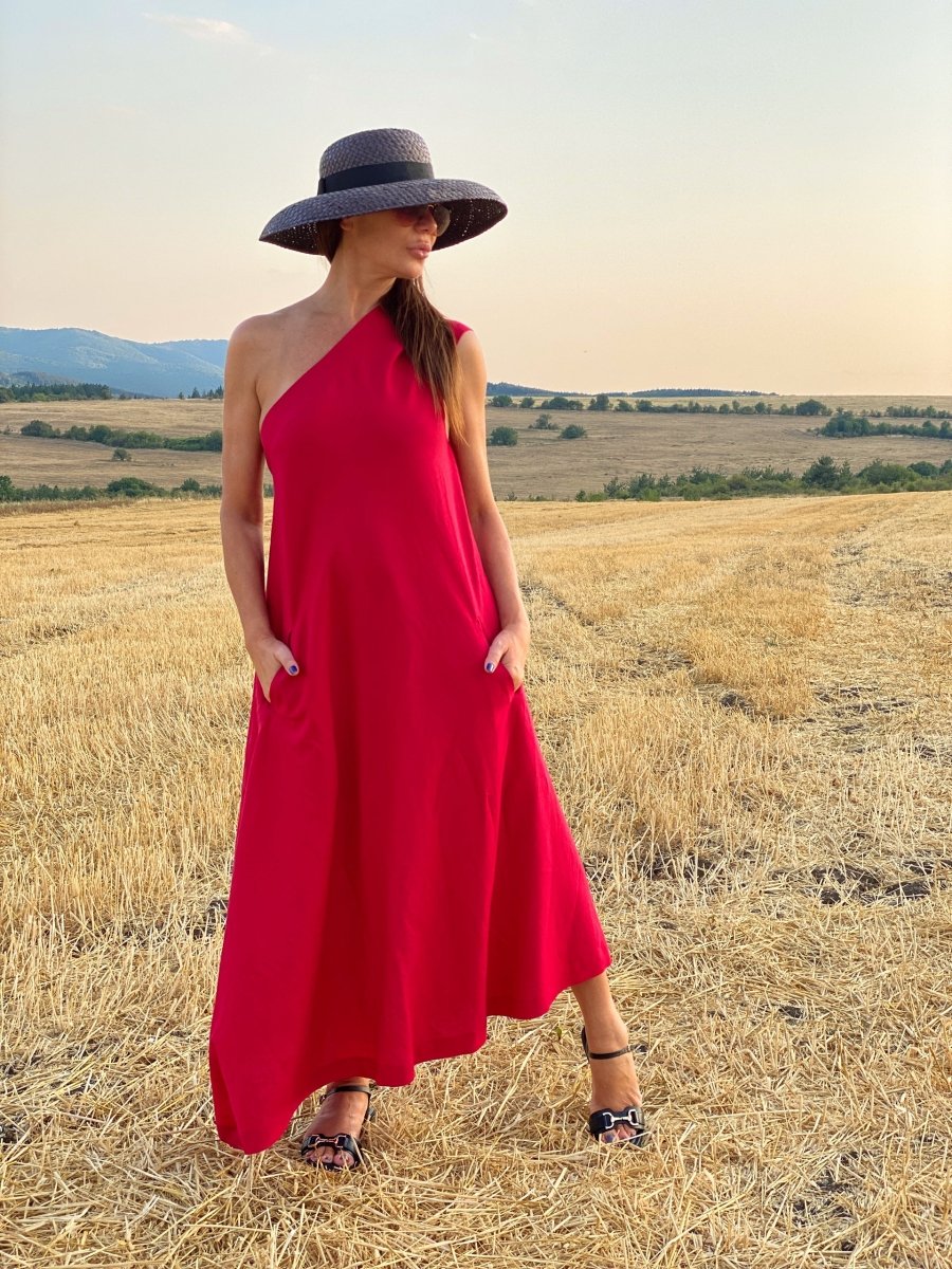 Red Linen One Shoulder Dress TIFFANY - EUG Fashion EugFashion 