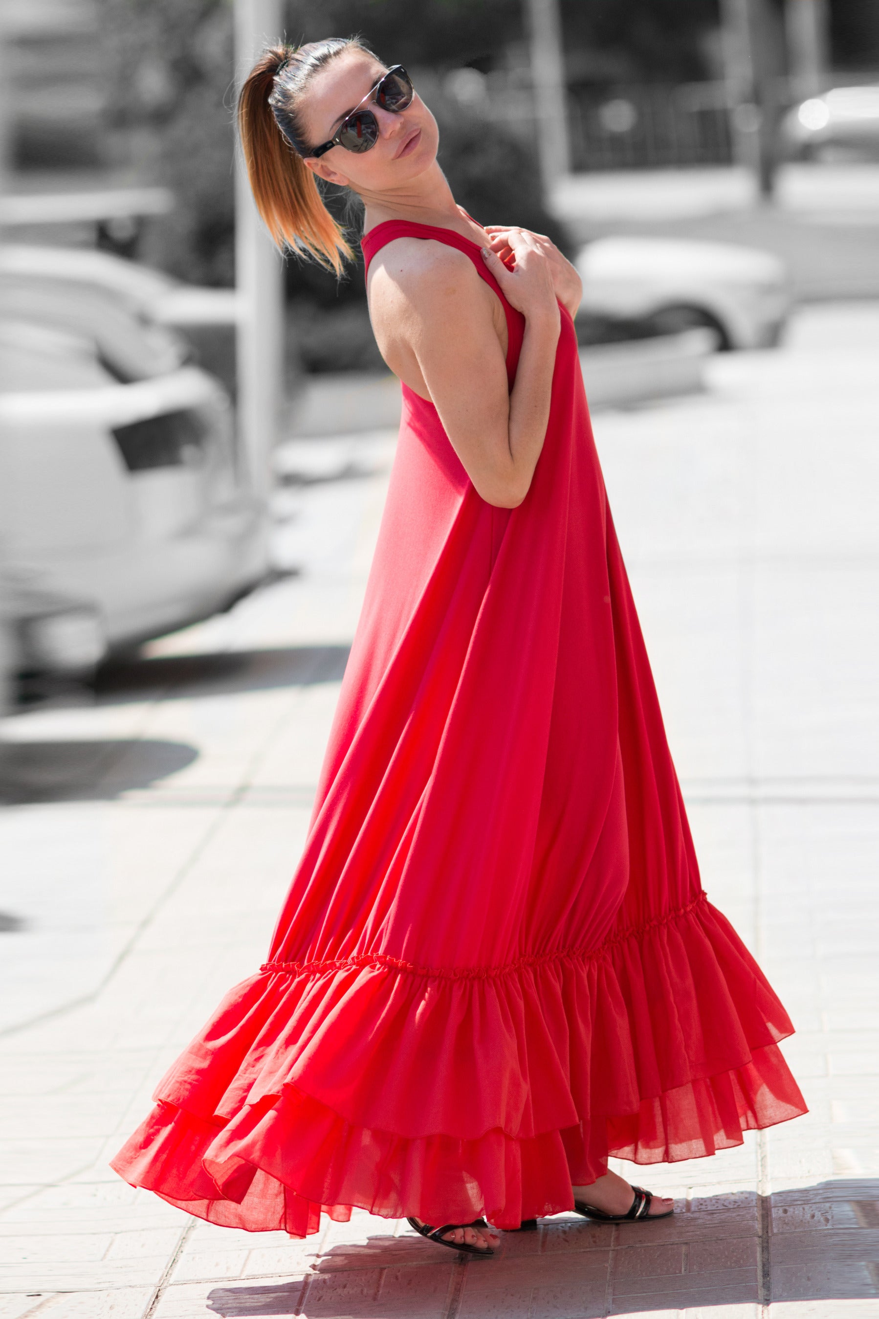 jersey long flounces dress - #red