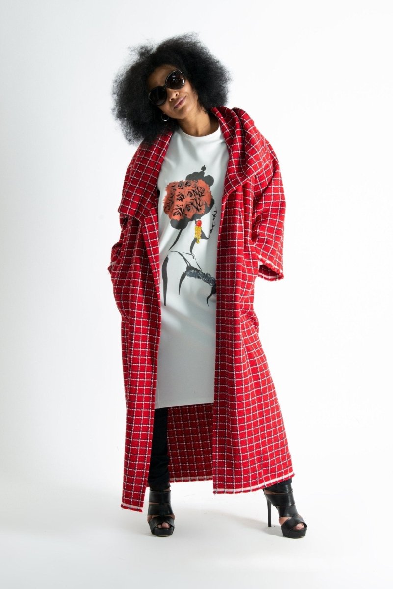 Red Plaid Long Coat OFELIA SALE - EUG Fashion EugFashion 