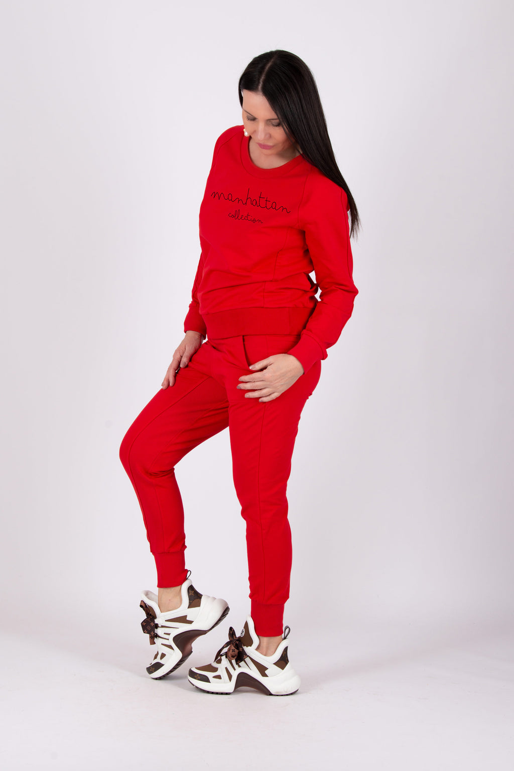 Red tracksuit - slim-fit cotton terry sweatshirt and pants with Manhattan Collection lettering, Gery | EUG Fashion #red
