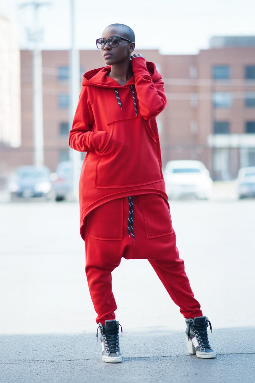 Red fluffy hooded tracksuit with asymmetric top and harem trousers - warm winter wadding fabric, Megan | EUG Fashion #red