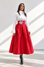 Red handmade taffeta long skirt - wide waistband, deep pleats and statement flower brooch, Rubin | EUG Fashion #red
