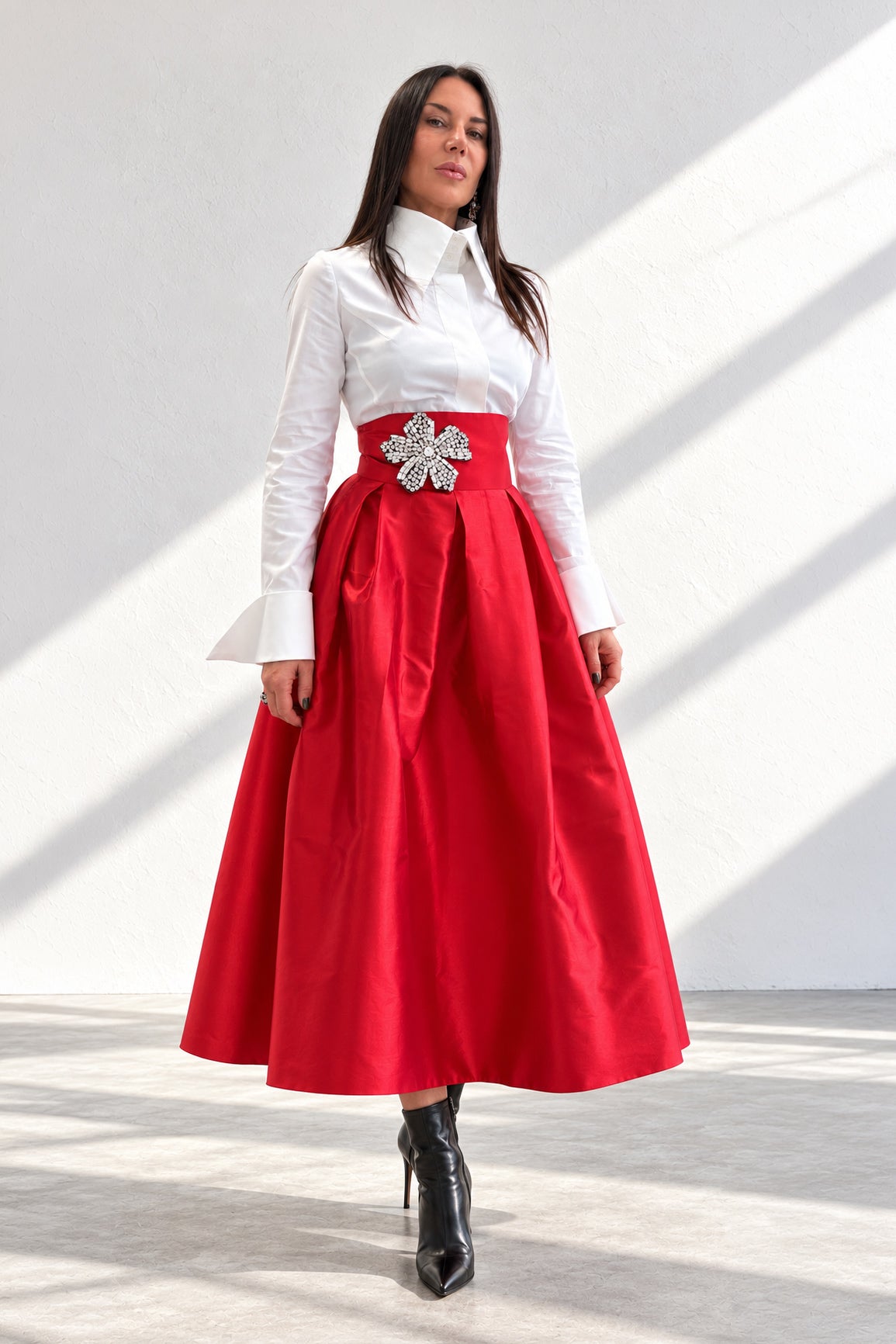 Red handmade taffeta long skirt - wide waistband, deep pleats and statement flower brooch, Rubin | EUG Fashion #red