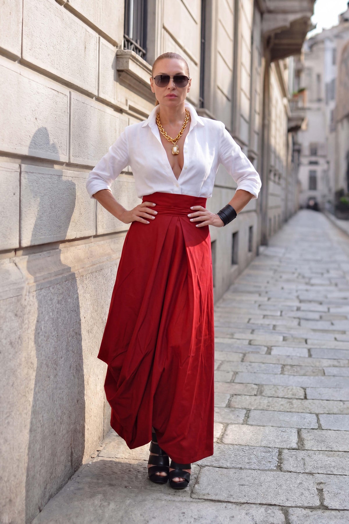 Red balloon cotton skirt Fantasy with high waist and decorative tie - EUG Fashion #red
