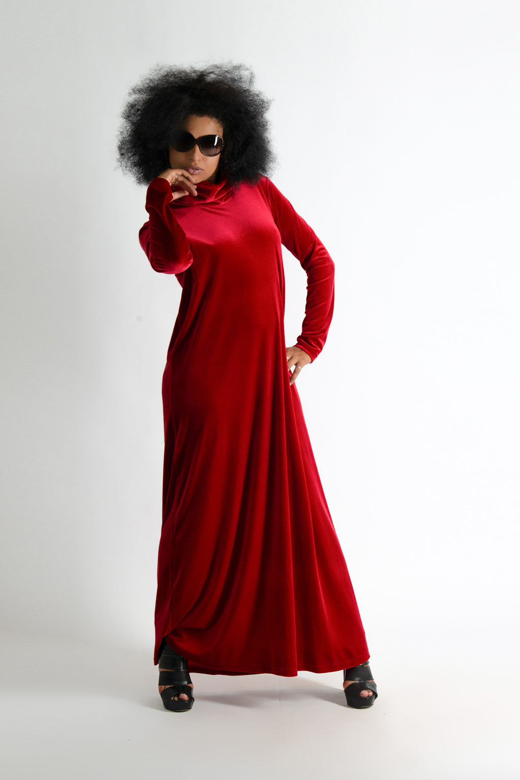 Red silk velvet turtleneck A-line dress Vivian - EUG Fashion #red
