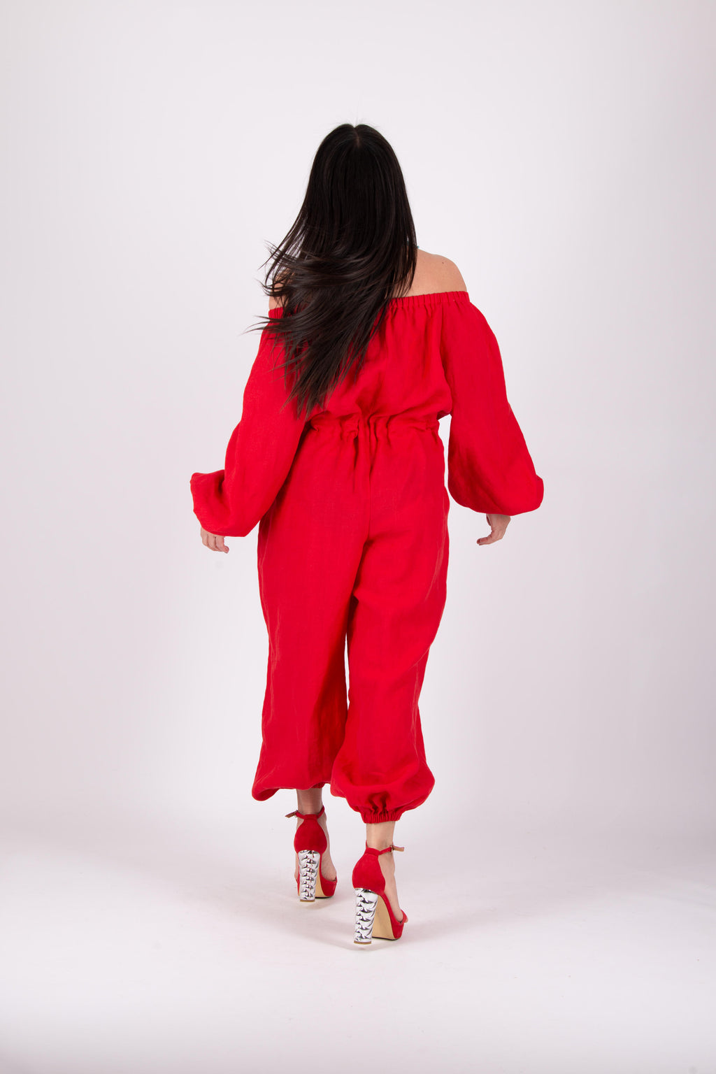 off shoulders linen jumpsuit #red