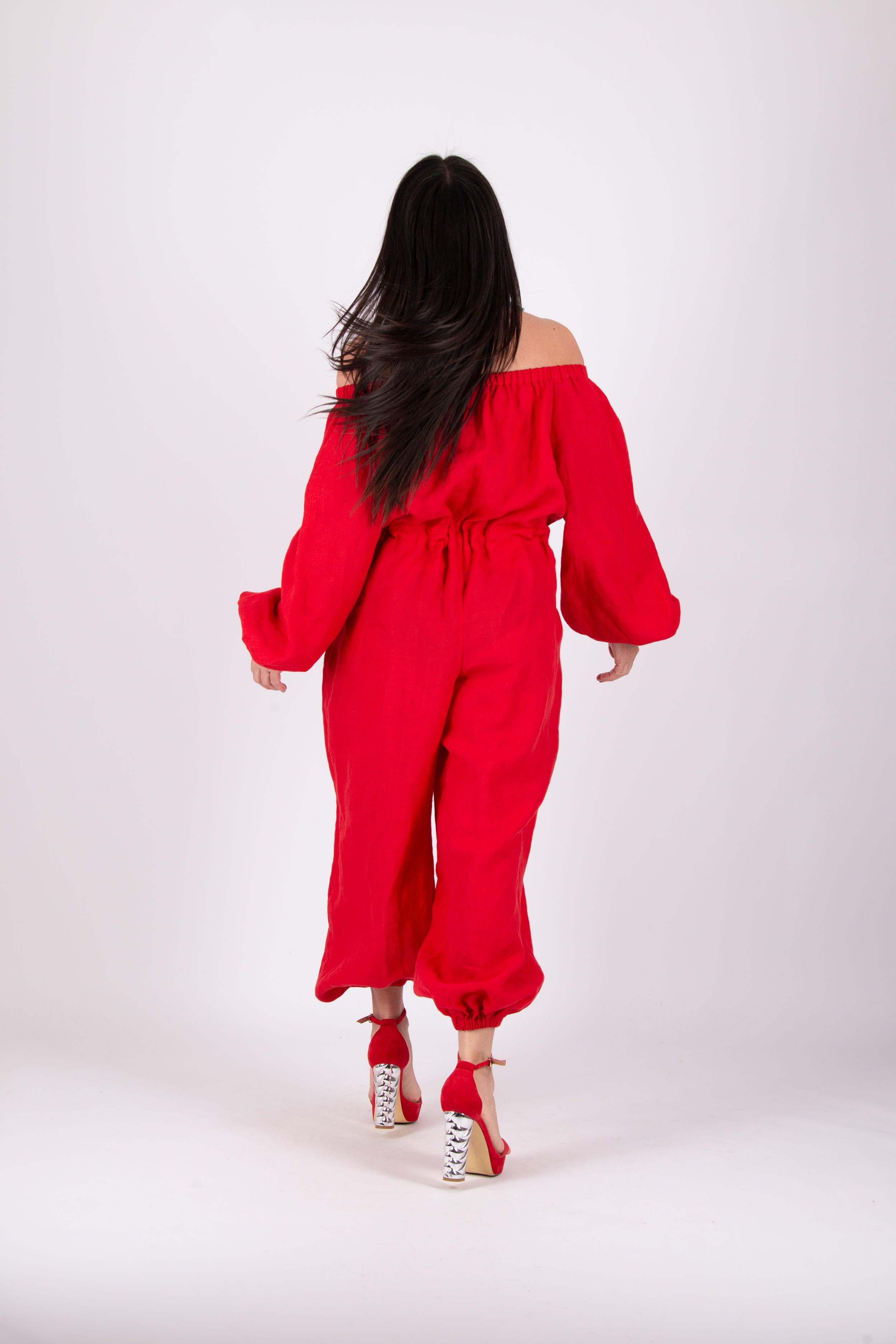 off shoulders linen jumpsuit #red
