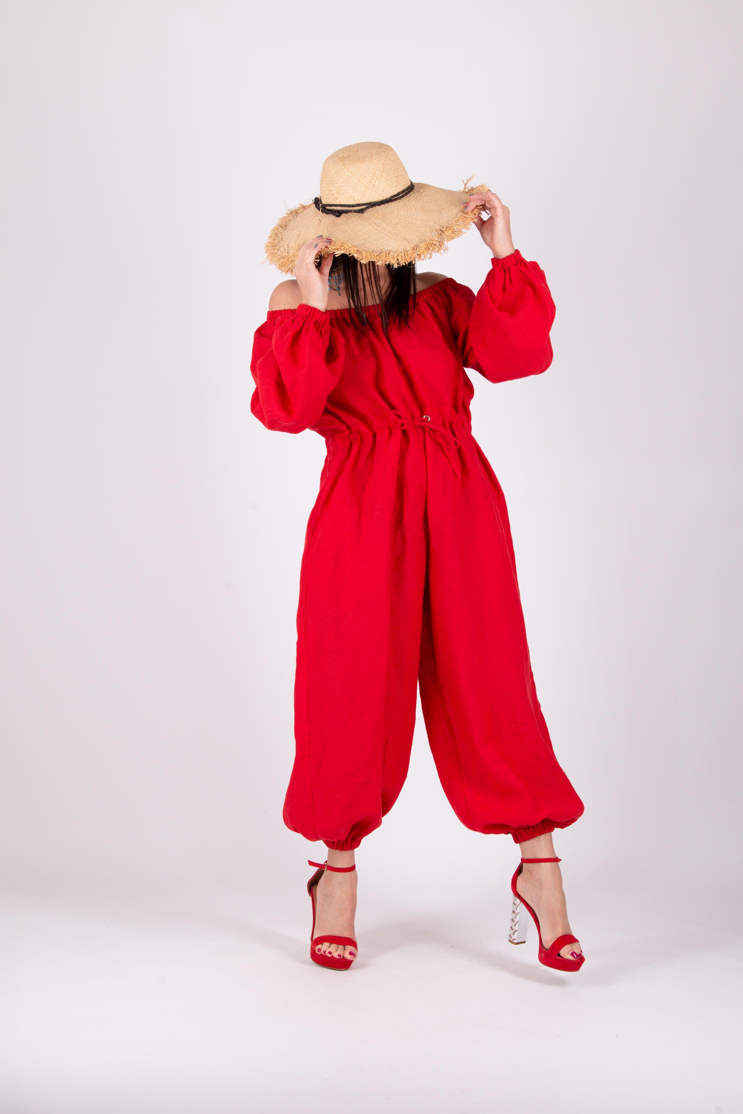 off shoulders linen jumpsuit #red