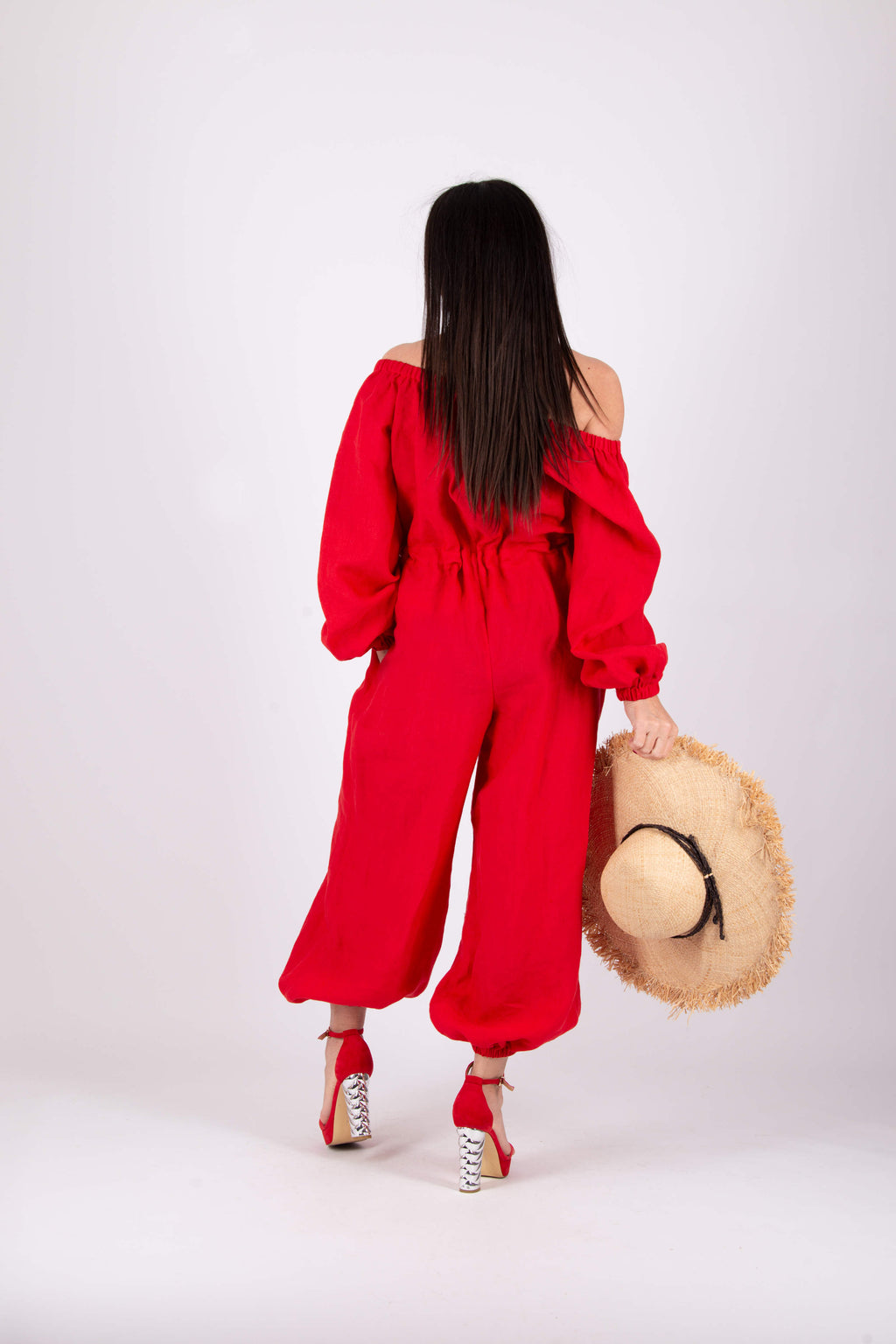off shoulders linen jumpsuit #red
