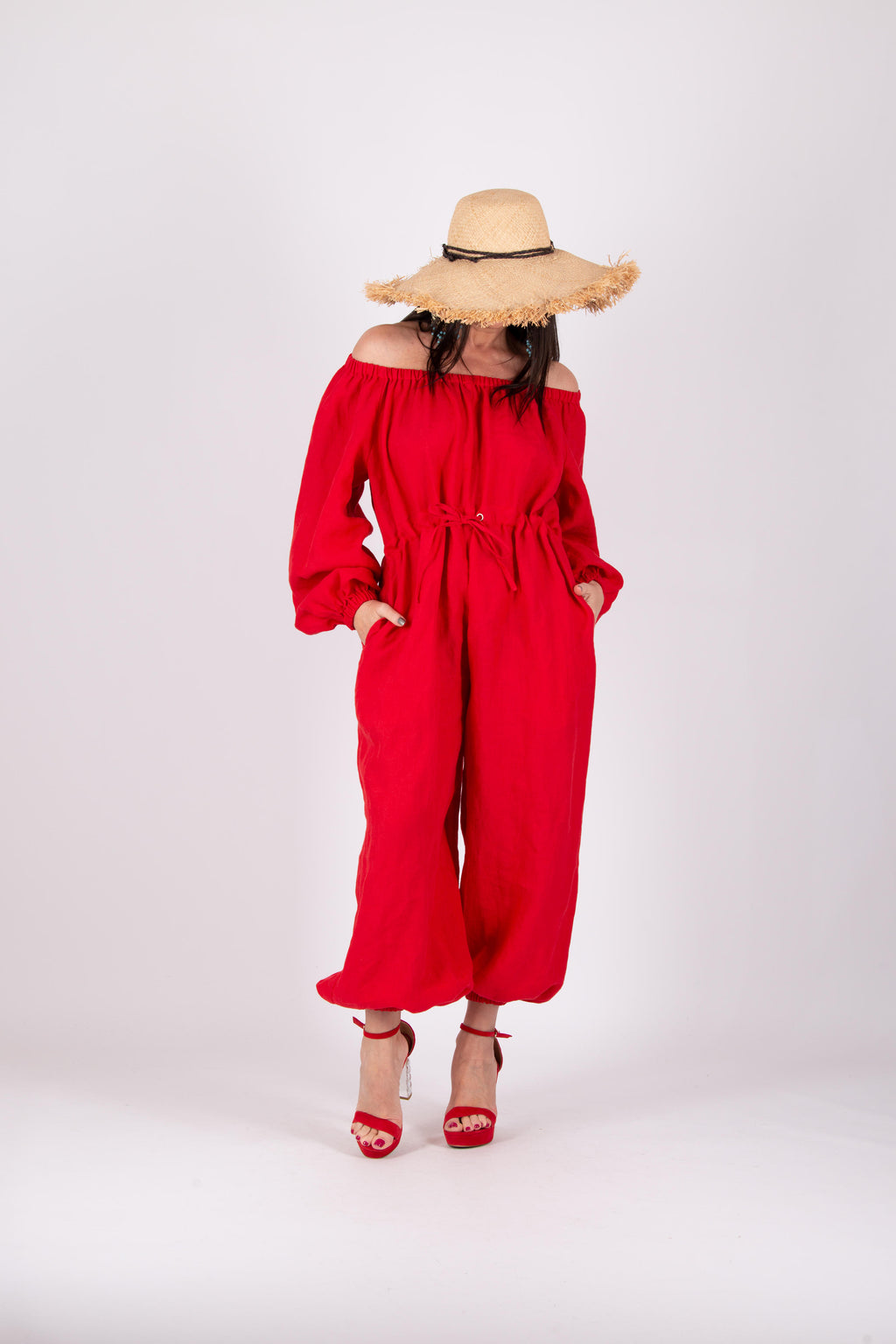 off shoulders linen jumpsuit #red