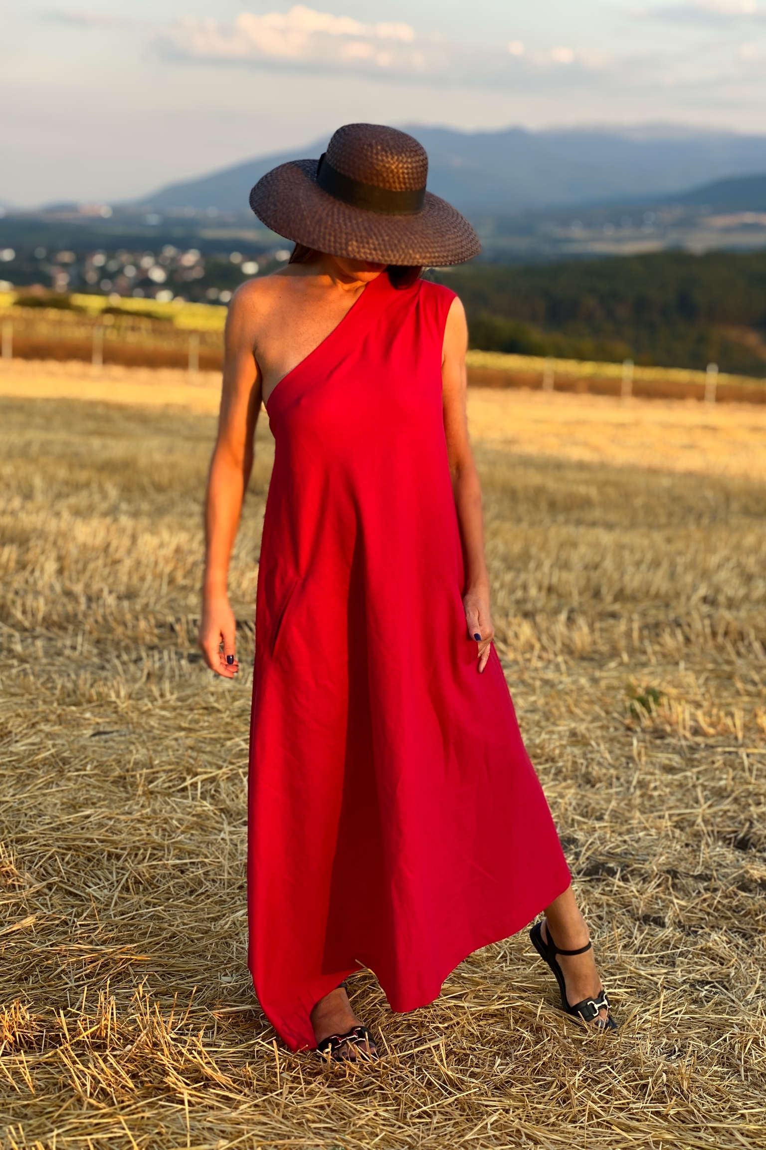 one shoulder linen dress #red