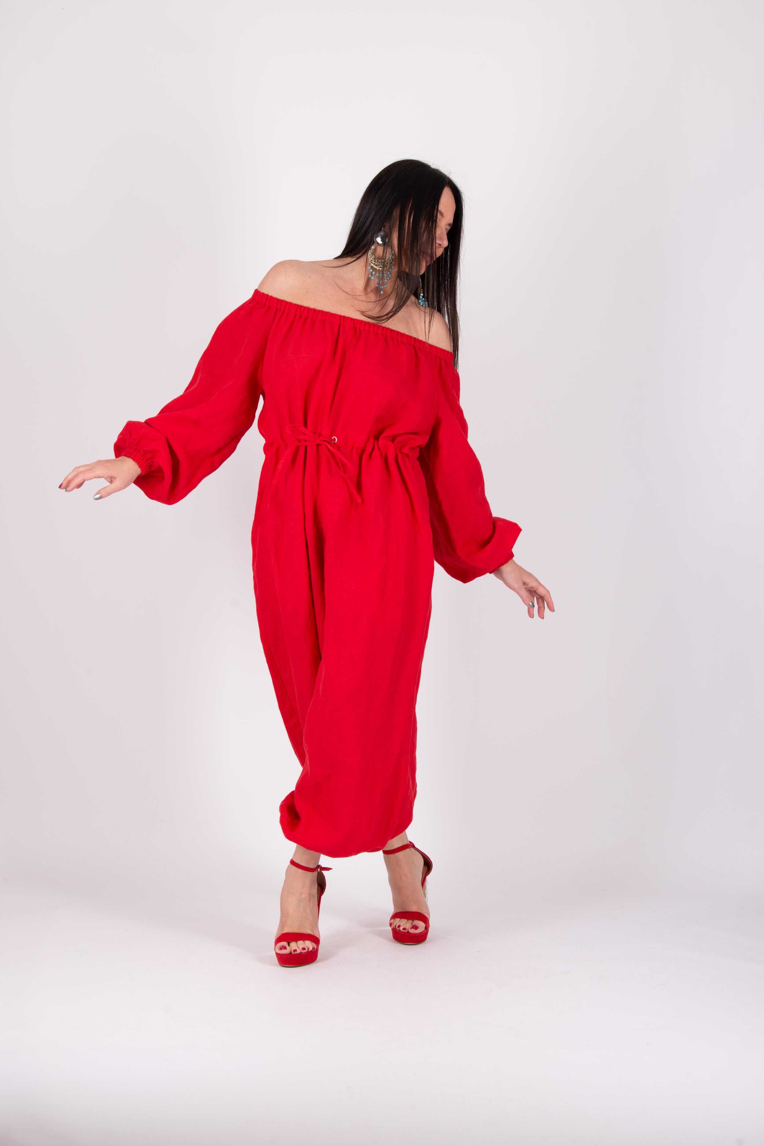 off shoulders linen jumpsuit #red