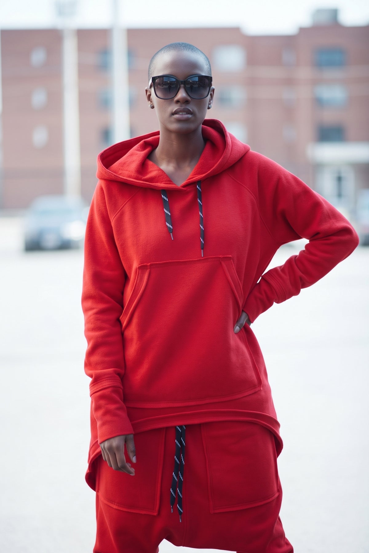 Red hooded top with kangaroo pocket and asymmetric raw edges - warm cotton wadding, Megan | EUG Fashion #red
