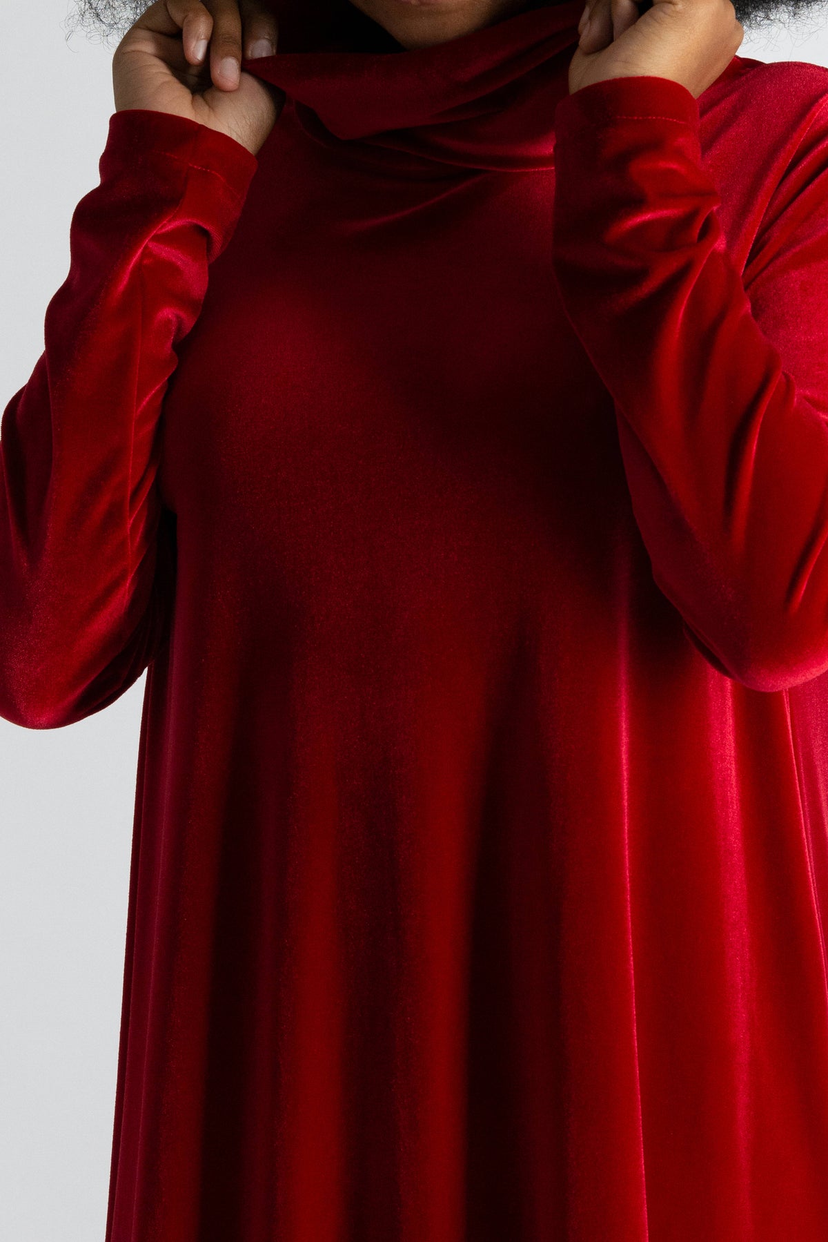 Red silk velvet turtleneck A-line dress Vivian - EUG Fashion #red
